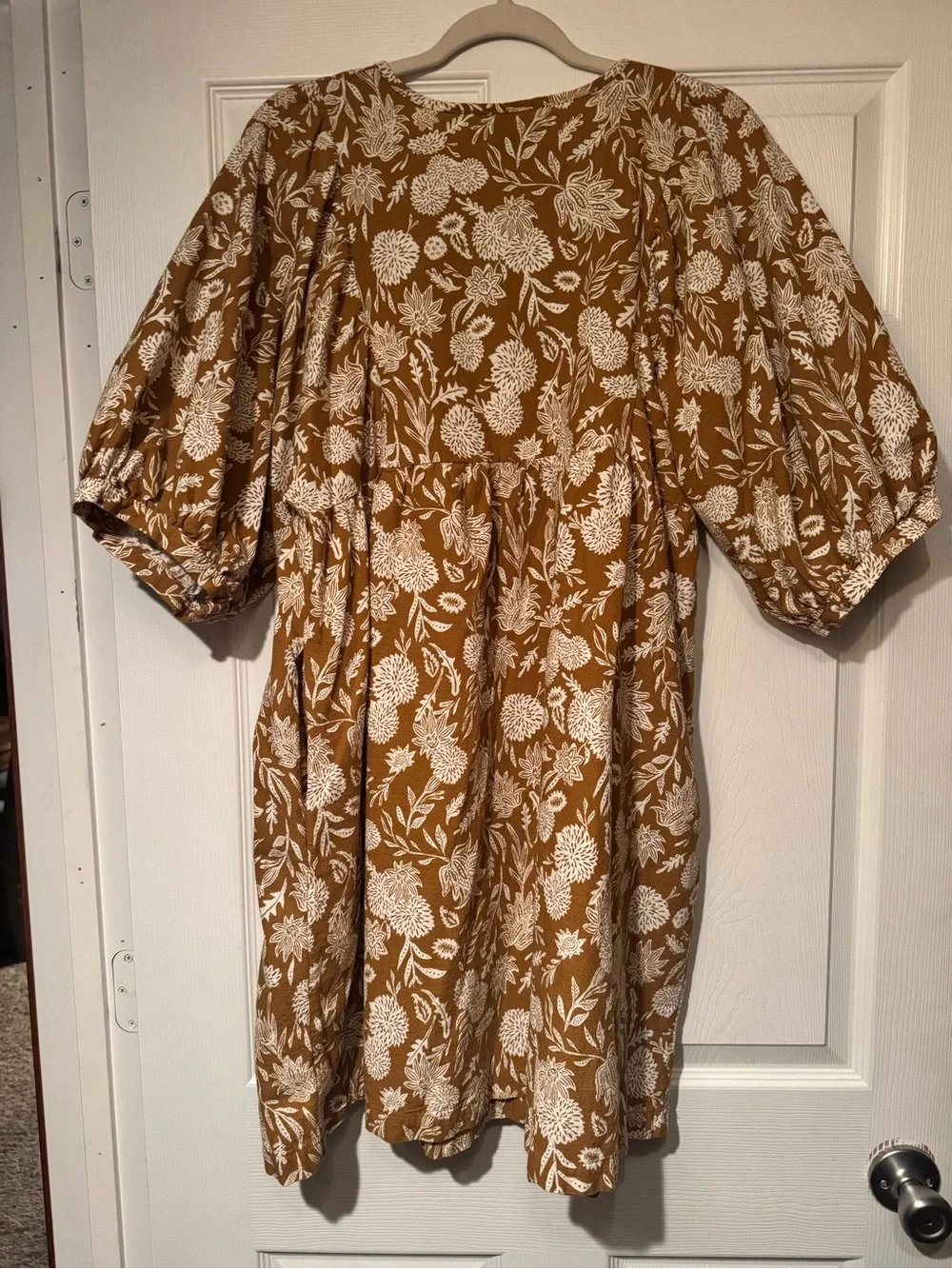 Universal Thread Sz XL Raw Umber Brown Floral Puff-Sleeve Cotton Mini Dress - Picture 7 of 13